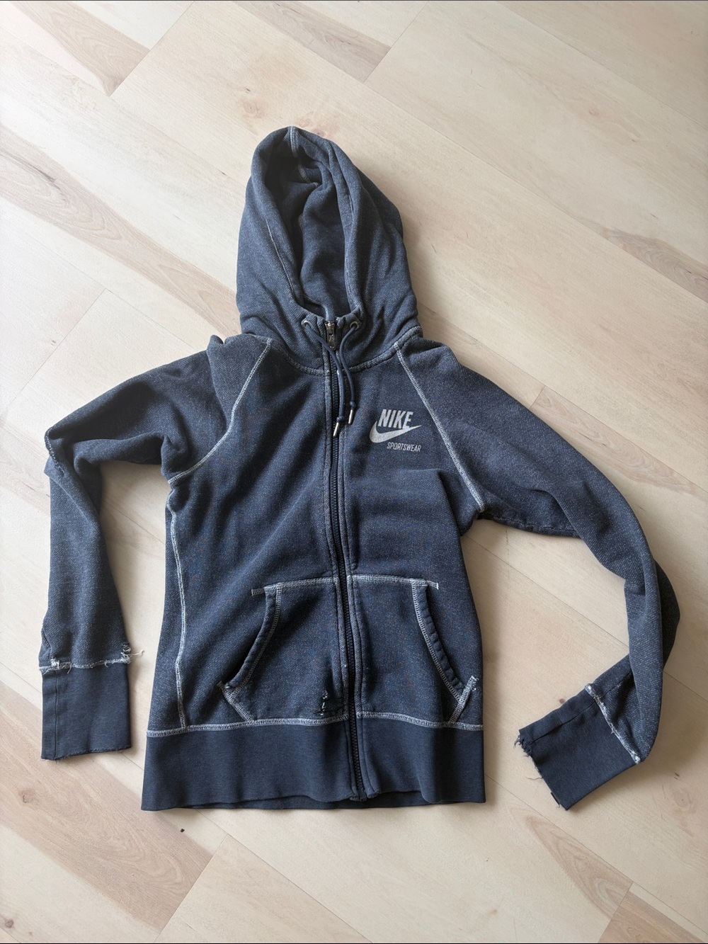 nike sportswear womens french terry full zip hoodie with distressing small gray